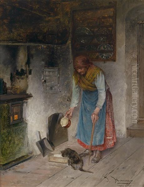 Milch Fur Das Katzchen Oil Painting by Johann Hamza