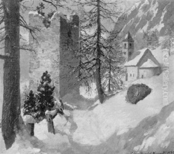 Winterlandschaft Mit Kirche S. Maria Bei Pontresina Oil Painting by Eduard Freiherr von Handel-Mazetti
