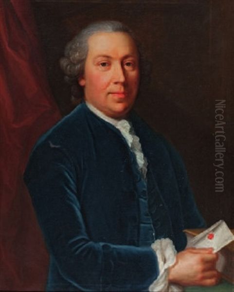 Bildnis Eines Unbekannten Herrn, Einen Brief Mit Rotem Siegel In Der Hand Haltend; Bildnis Einer Unbekannten Dame, Ein Rosenzweiglein In Der Hand Haltend (pair) Oil Painting by Emmanuel Jakob Handmann