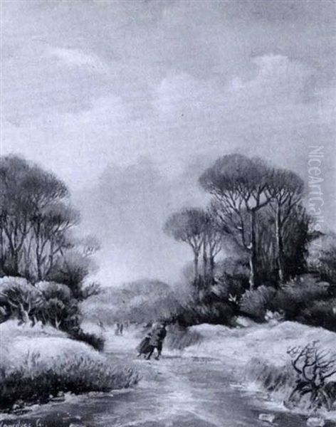 Eisvergnugen Auf Zugefrorenem Bach Oil Painting by Louwrens Hanedoes