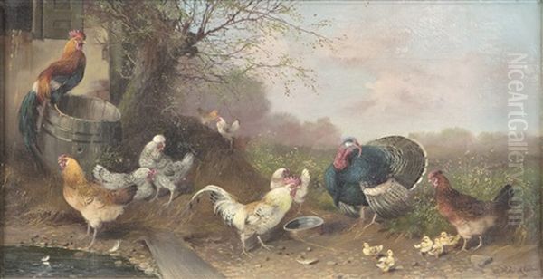 Chickens Oil Painting by Max Josef Haenger Sr.