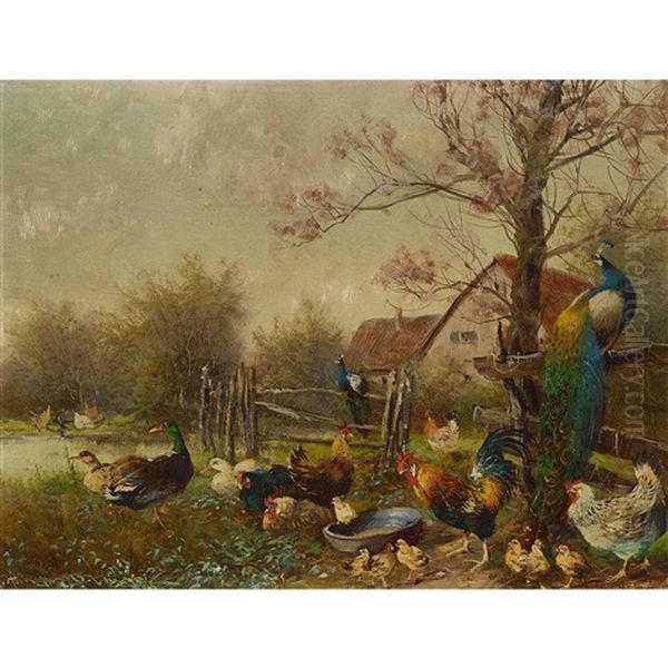 Huhnerhofszenen Mit Pfauen (3 Works) Oil Painting by Max Josef Haenger Sr.