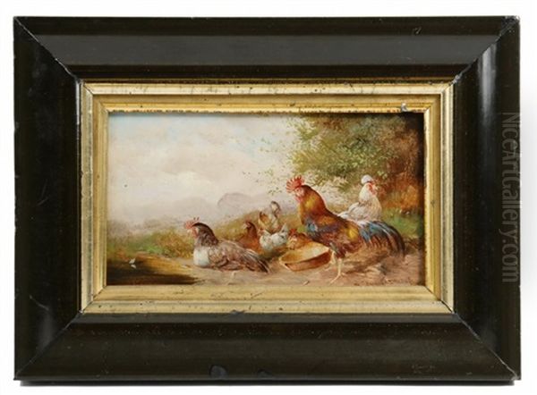 Rooster And Hens With Pan Oil Painting by Max Josef Haenger Sr.