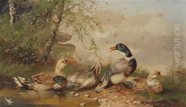 2 Gemalde: Huhnerhof Am Dorfrand. Zwei Entenpaare Am Weiher Oil Painting by Max Josef Haenger Sr.