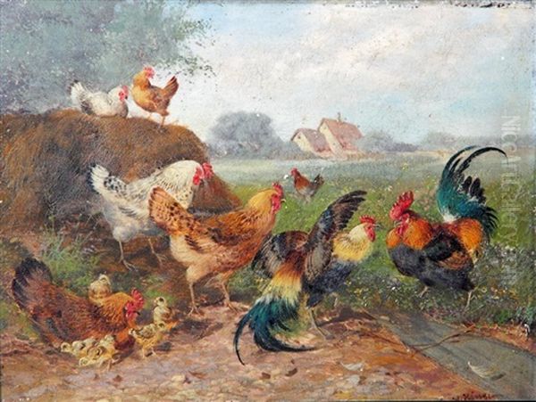 Study Of Chickens In Landscapes, A Pair Oil Painting by Max Josef Haenger Sr.