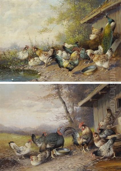 Gegenstucke: Huhnerhofszenen Oil Painting by Max Josef Haenger Sr.