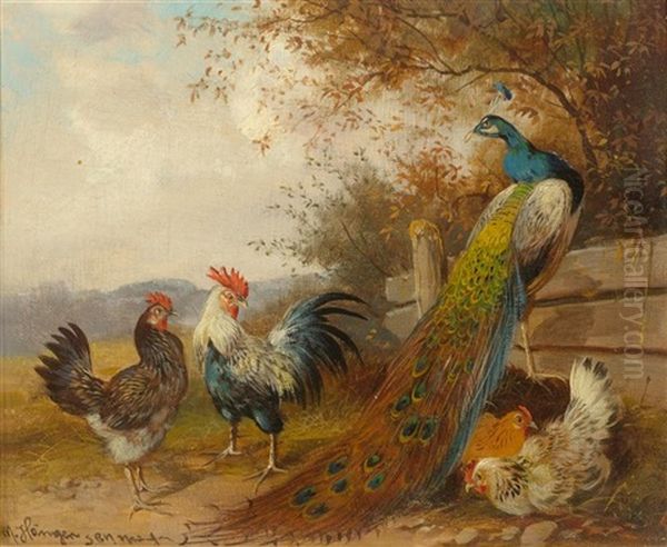 Hens And Peacock Oil Painting by Max Josef Haenger Sr.