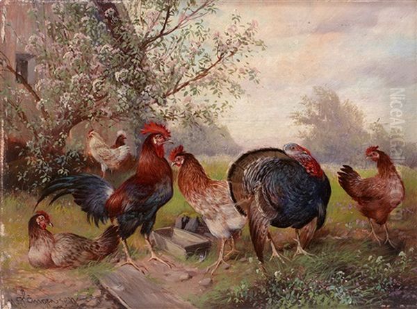 Federvieh Im Huhnerhof Oil Painting by Max Josef Haenger Sr.