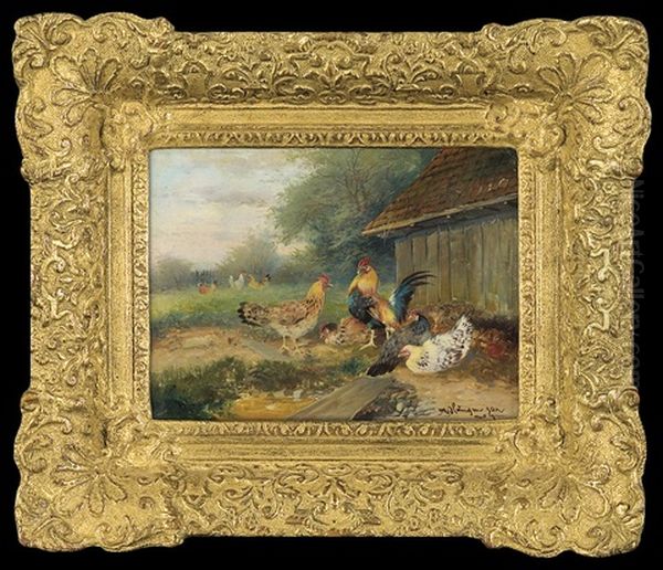 Birds Backyard Oil Painting by Max Josef Haenger Sr.