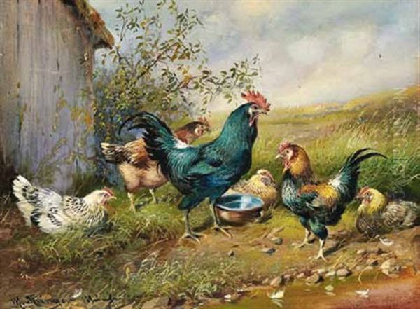 Huhnerhof Oil Painting by Max Josef Haenger Sr.