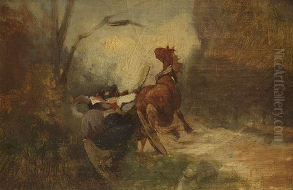 Huhnerhof Mit Hahn, Hennen Und Enten In Dorflandschaft Mit Teich Oil Painting by Max Josef Haenger Sr.