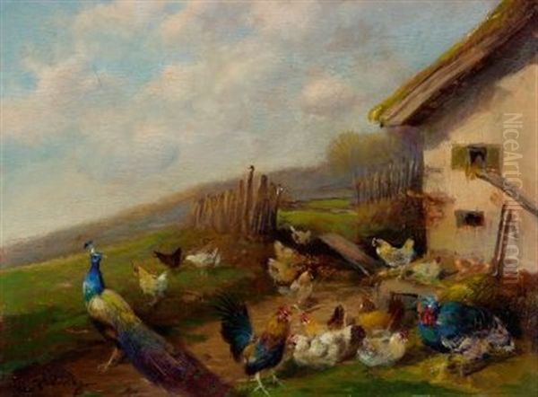 Huhnerhof Mit Hahn, Hennen Und Pfau Oil Painting by Max Josef Haenger Sr.