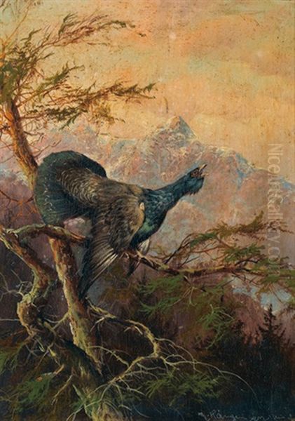 Herbstlandschaft Mit Auerhahnen (+ Another, Similar; Pair) Oil Painting by Max Josef Haenger Sr.