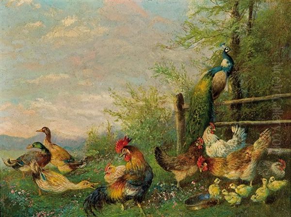 Birds On The Yard (duck, Cock, Hens) Oil Painting by Max Josef Haenger Sr.