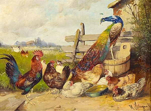 Am Huhnerstall Oil Painting by Max Josef Haenger Sr.
