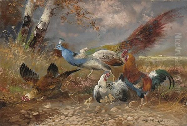 Huhnerhof (+ Huhner Mit Pfau; Pair) Oil Painting by Max Josef Haenger Sr.
