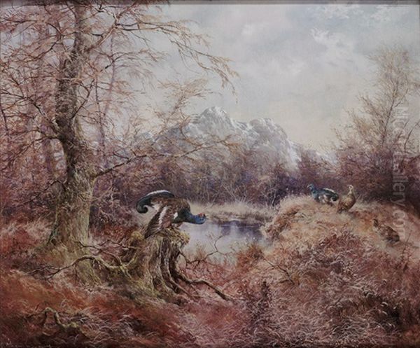 Herbstliche Voralpenlandschaft Mit Balzenden Birkhahnen Oil Painting by Max Josef Haenger Sr.