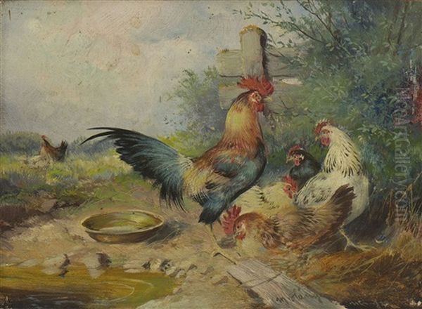 Huhnerhof Oil Painting by Max Josef Haenger Sr.