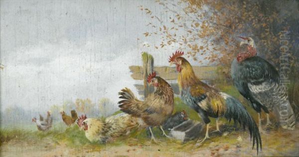 Huhnerhof Mit Truthahn Oil Painting by Max Josef Haenger Sr.