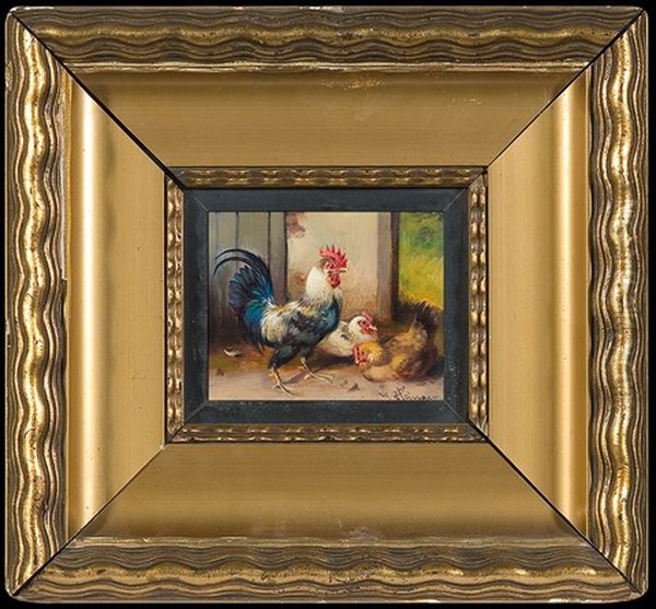 Cock And Two Hens Oil Painting by Max Josef Haenger Sr.