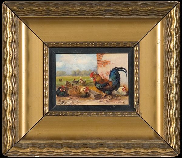 Cock And Hens Oil Painting by Max Josef Haenger Sr.