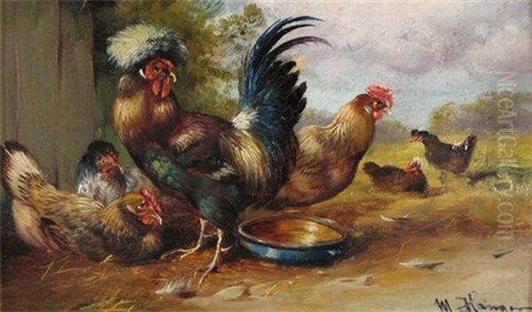 Chickens In A Farmyard Oil Painting by Max Josef Haenger Sr.