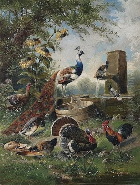 Federvieh An Der Quelle Oil Painting by Max Josef Haenger Sr.