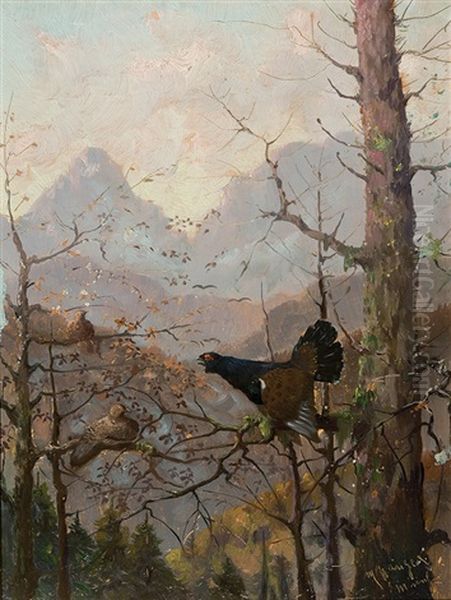 Wood Grouses Oil Painting by Max Josef Haenger Sr.
