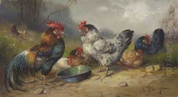 Huhnerhof Oil Painting by Max Josef Haenger Sr.