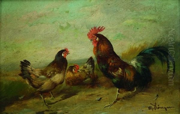 Hahn Und Zwei Hennen Oil Painting by Max Josef Haenger Sr.
