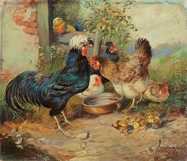 On The Yard Oil Painting by Max Josef Haenger Sr.