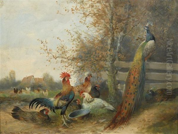 Federvieh Und Pfau Auf Dem Hofe (+ Federvieh Und Truthahn Auf Dem Hofe; 2 Works) Oil Painting by Max Josef Haenger Sr.