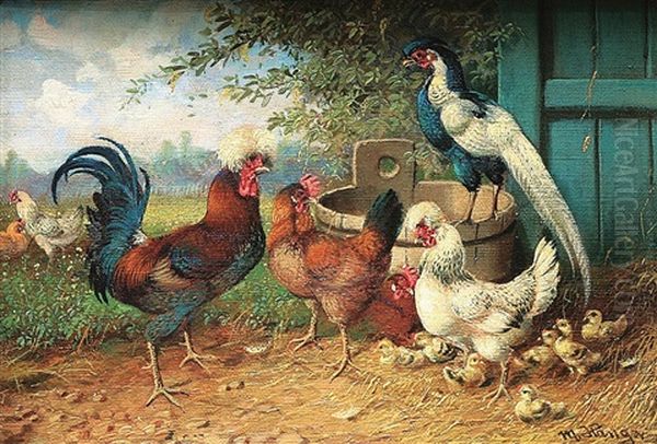 Geflugelhofe Mit Pfau (pair) Oil Painting by Max Josef Haenger Sr.