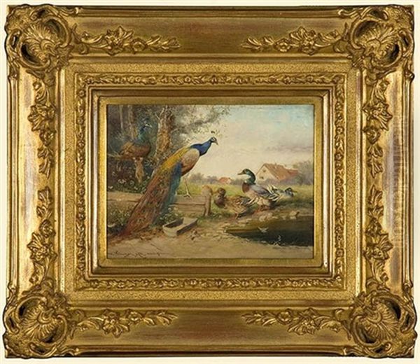 Peacocks And Ducks Oil Painting by Max Josef Haenger Sr.