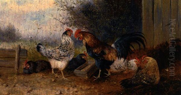 Hahn Mit Funf Hennen Im Huhnerhof Oil Painting by Max Josef Haenger Sr.