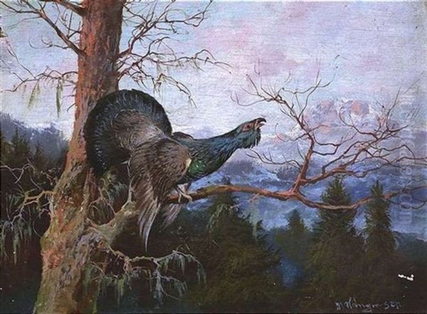 Balzender Auerhahn Oil Painting by Max Josef Haenger Sr.