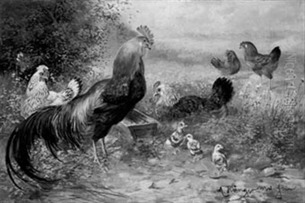 Hahn, Huhner Und Kuken Am Trog Oil Painting by Max Josef Haenger Sr.