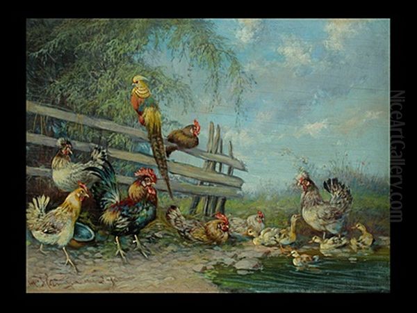Vogelvieh Am Gatter Oil Painting by Max Josef Haenger Sr.