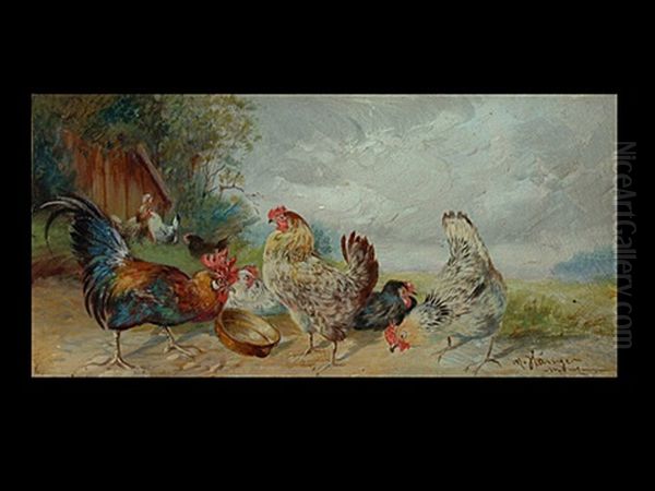 Huhner Vor Der Leeren Schussel Oil Painting by Max Josef Haenger Sr.