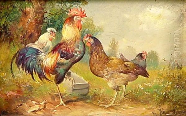 Federvieh Am Futtertrog Oil Painting by Max Josef Haenger Sr.