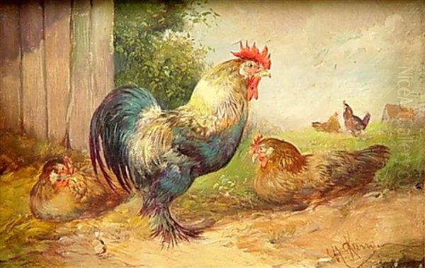 Ein Hahn Mit Zwei Hennen Hinter Dem Stall Oil Painting by Max Josef Haenger Sr.