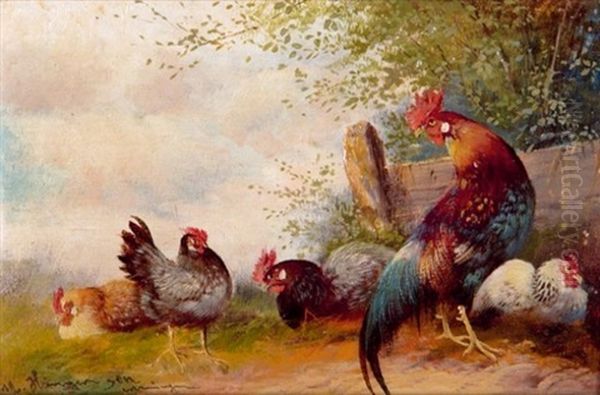 Huhnerhof Oil Painting by Max Josef Haenger Sr.