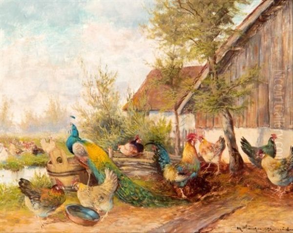 Huhnerhof Mit Pfau Oil Painting by Max Josef Haenger Sr.