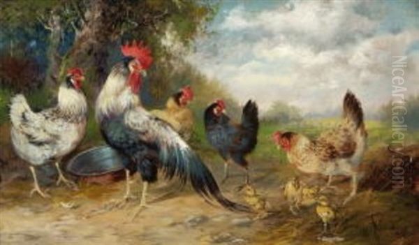 Huhnerhof Oil Painting by Max Josef Haenger Sr.