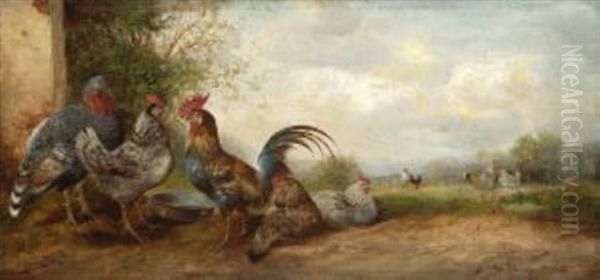 Huhnerhof Mit Truthahn Oil Painting by Max Josef Haenger Sr.