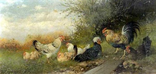 Hahn Mit Sechs Huhnern Am Waldrand Oil Painting by Max Josef Haenger Sr.
