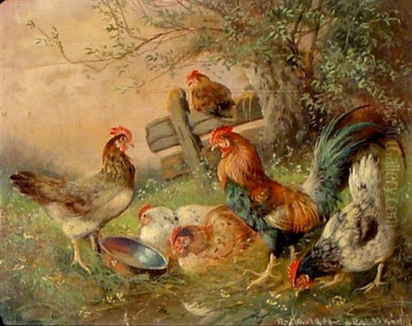 Huhner Am Gatter Oil Painting by Max Josef Haenger Sr.