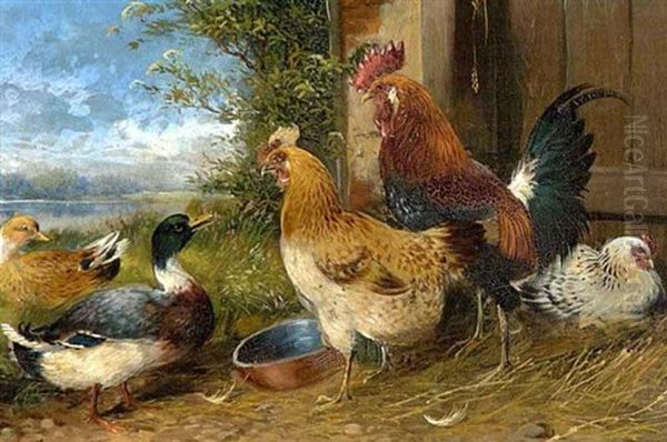 Huhnerhof (+ Another Similar; Pair) Oil Painting by Max Josef Haenger Sr.