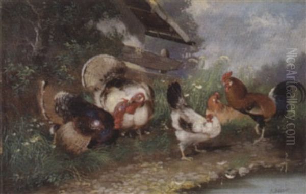 Huhnerhof Oil Painting by Max Josef Haenger Sr.