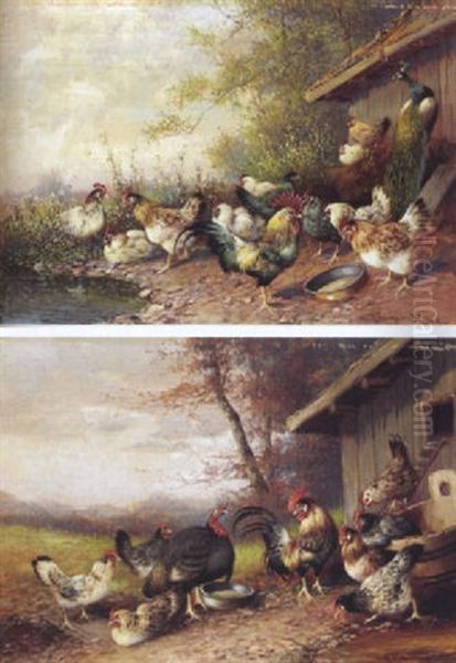 Huhnerhofszene Oil Painting by Max Josef Haenger Sr.